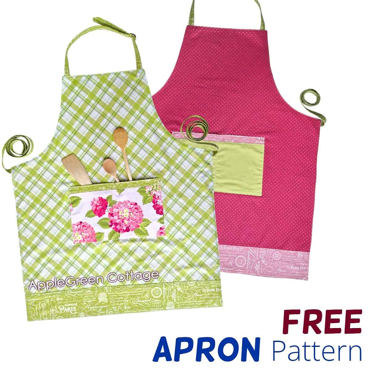 Free reversible apron pattern in adult and child sizes with adjustable neck strap and large double pocket