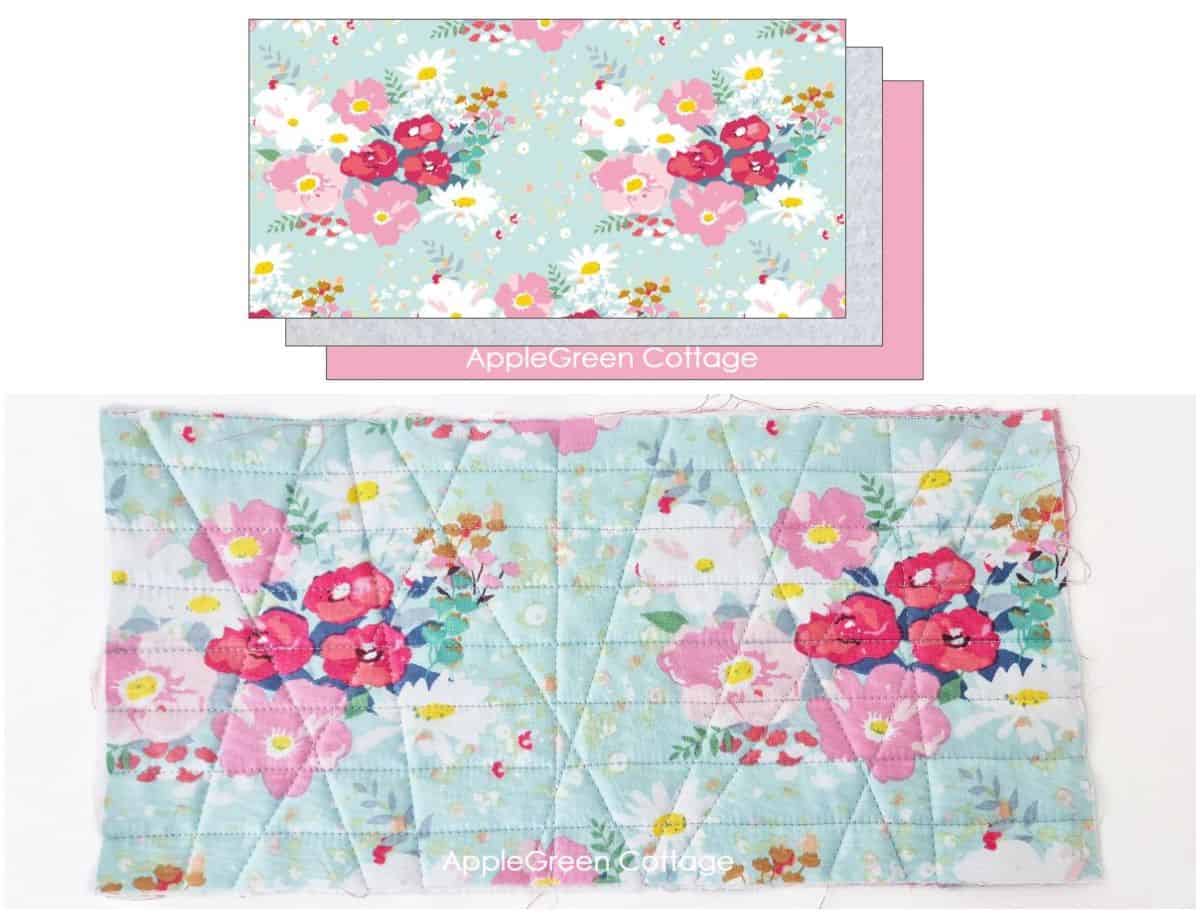 Floral quilted fabric sandwich and rectangle for round potholder pattern pieces.