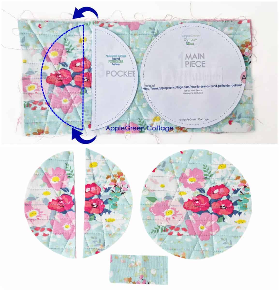 Round potholder pattern pieces cut from quilted floral fabric with hanging tab