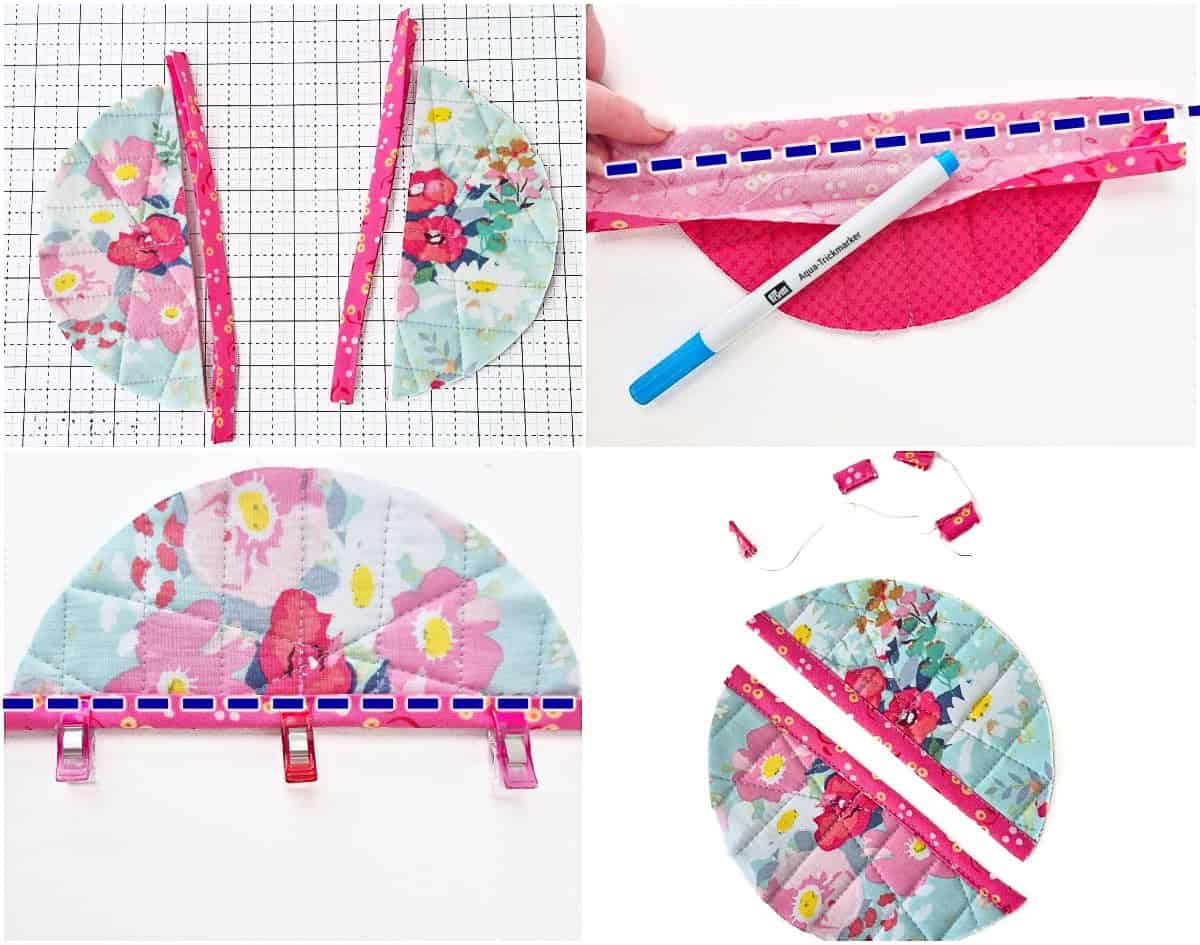 Bias binding sewn to curved pocket edge for round potholder sewing tutorial.