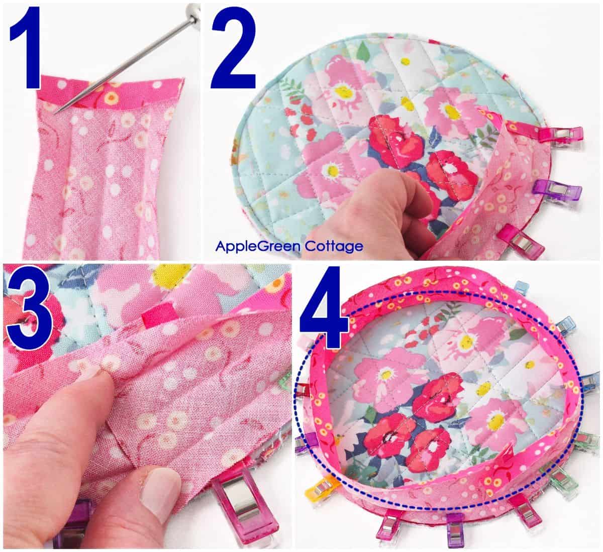 Round potholder binding joined and clipped before topstitching tutorial step.