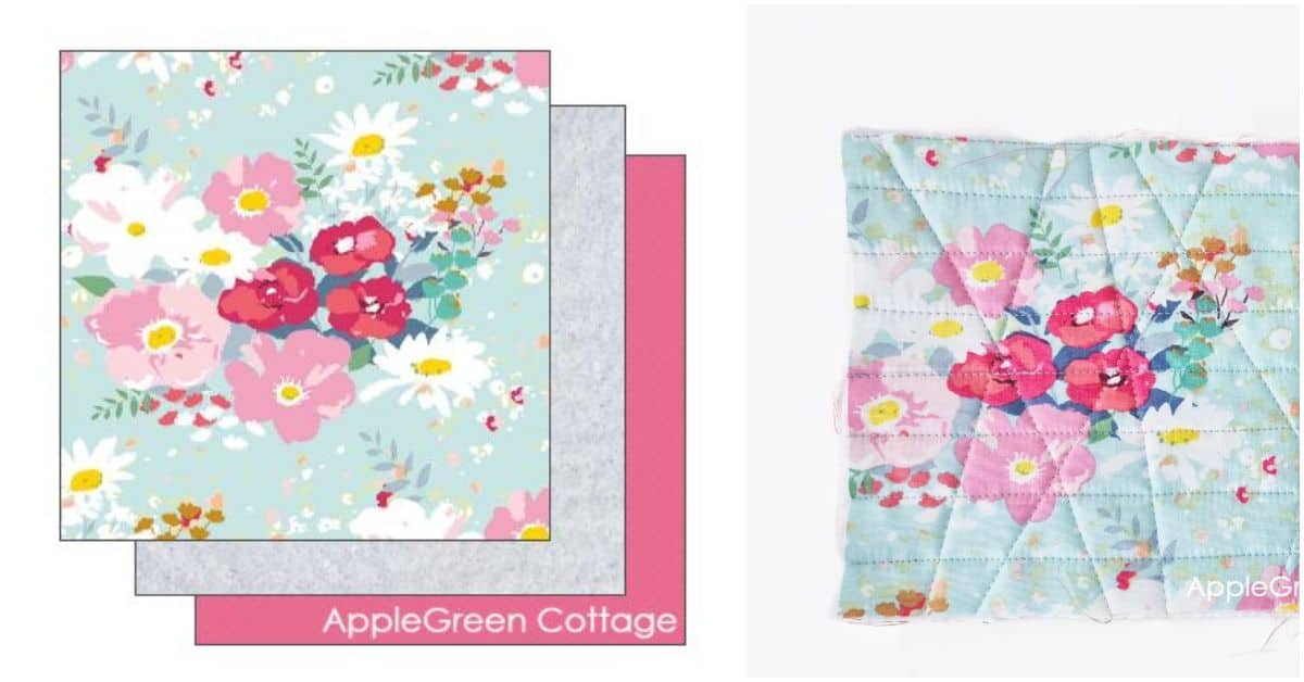 Round potholder pattern pieces placed on quilted fabric for cutting tutorial step.