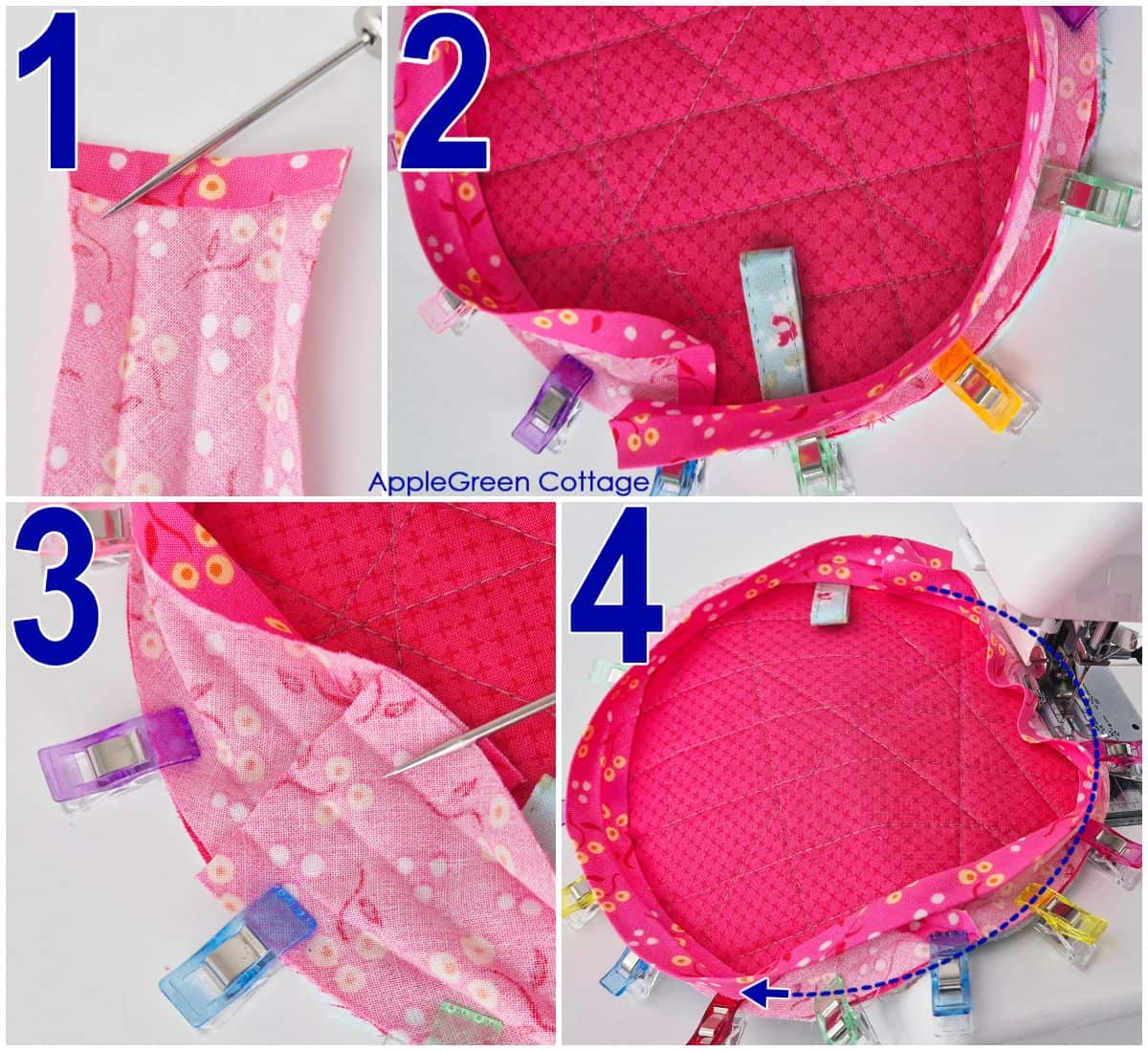 Round potholder binding joined and clipped before topstitching tutorial step.
