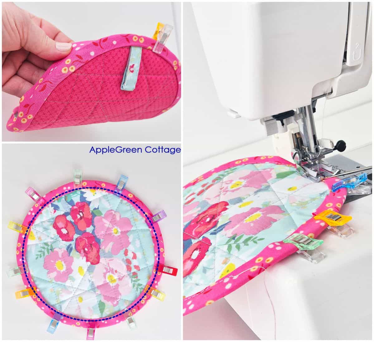 Close-up of round potholder with pockets and pink bias binding topstitching.