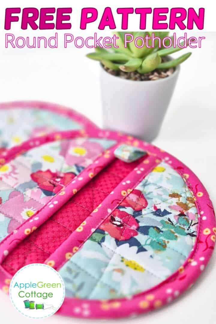 Finished round potholder with pockets beside matching floral coaster and small plant.