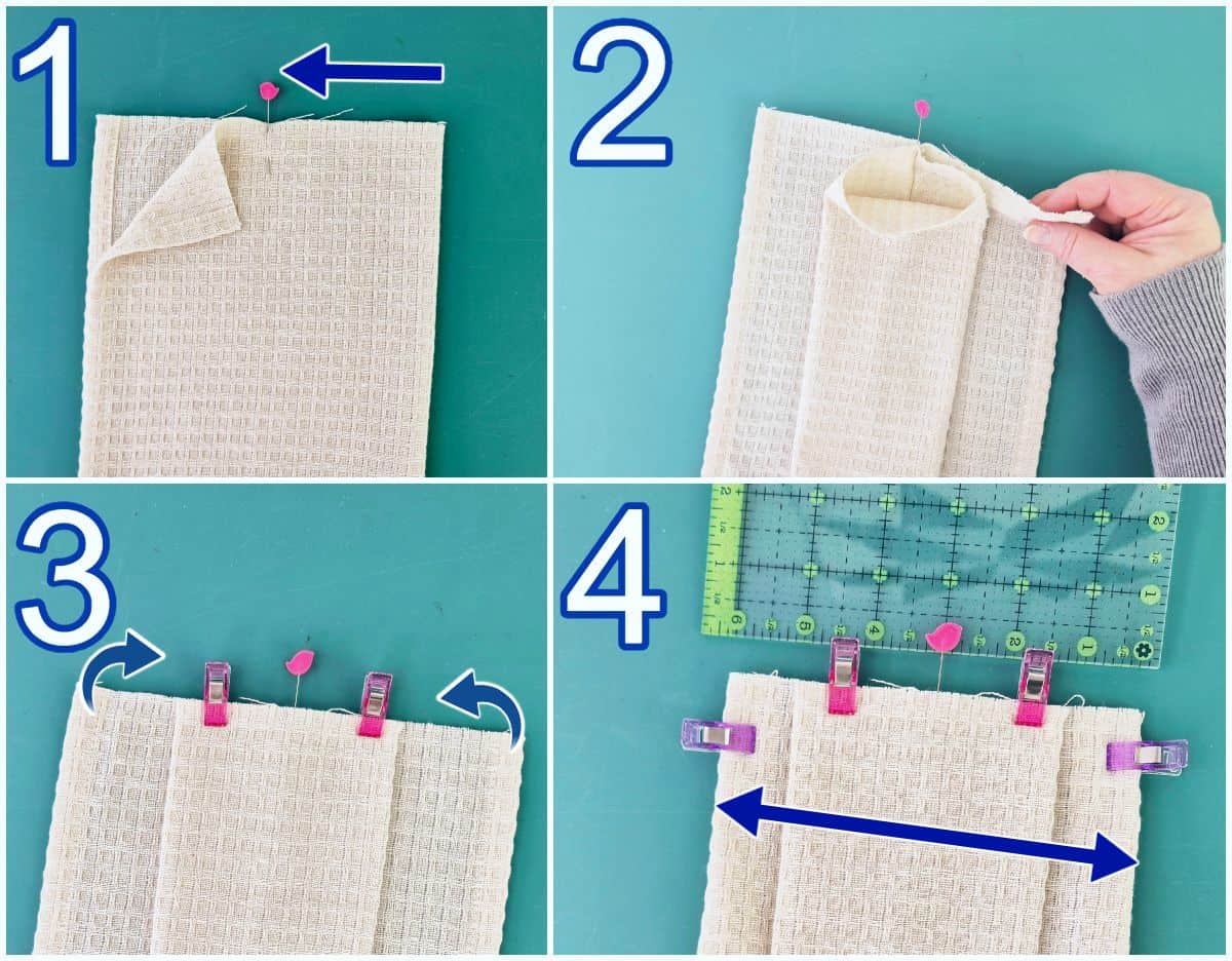 Folding waffle weave towel top for hanging kitchen towel.