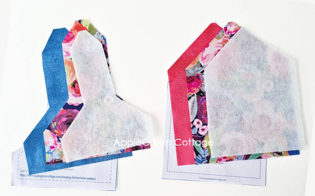 Hanging towel topper fabric pieces cut from free PDF sewing pattern with interfacing