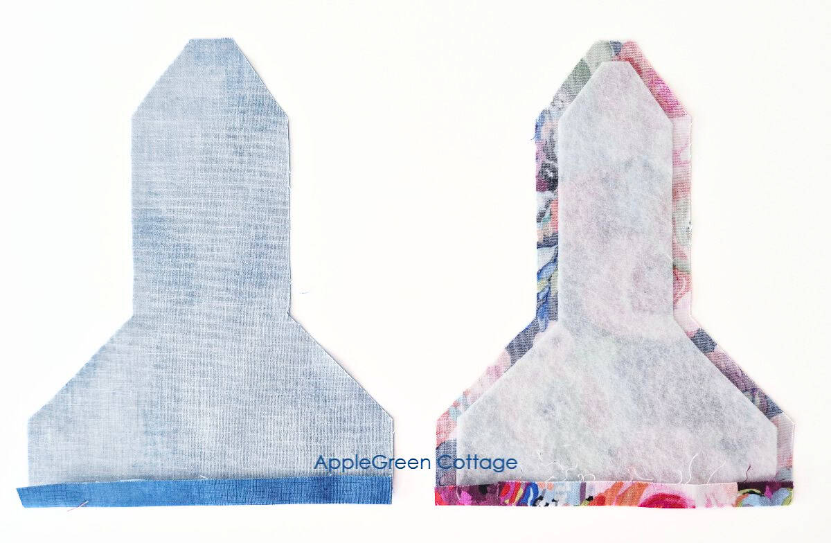 Pressed hanging towel topper pieces with interfacing, ready for turning and topstitching
