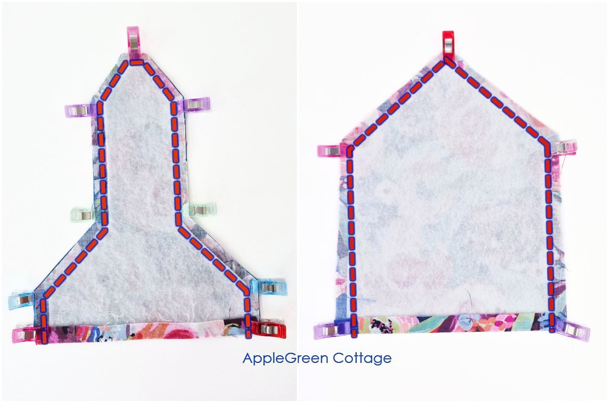 Sewing hanging towel topper pieces with interfacing, clipped around curved edges.