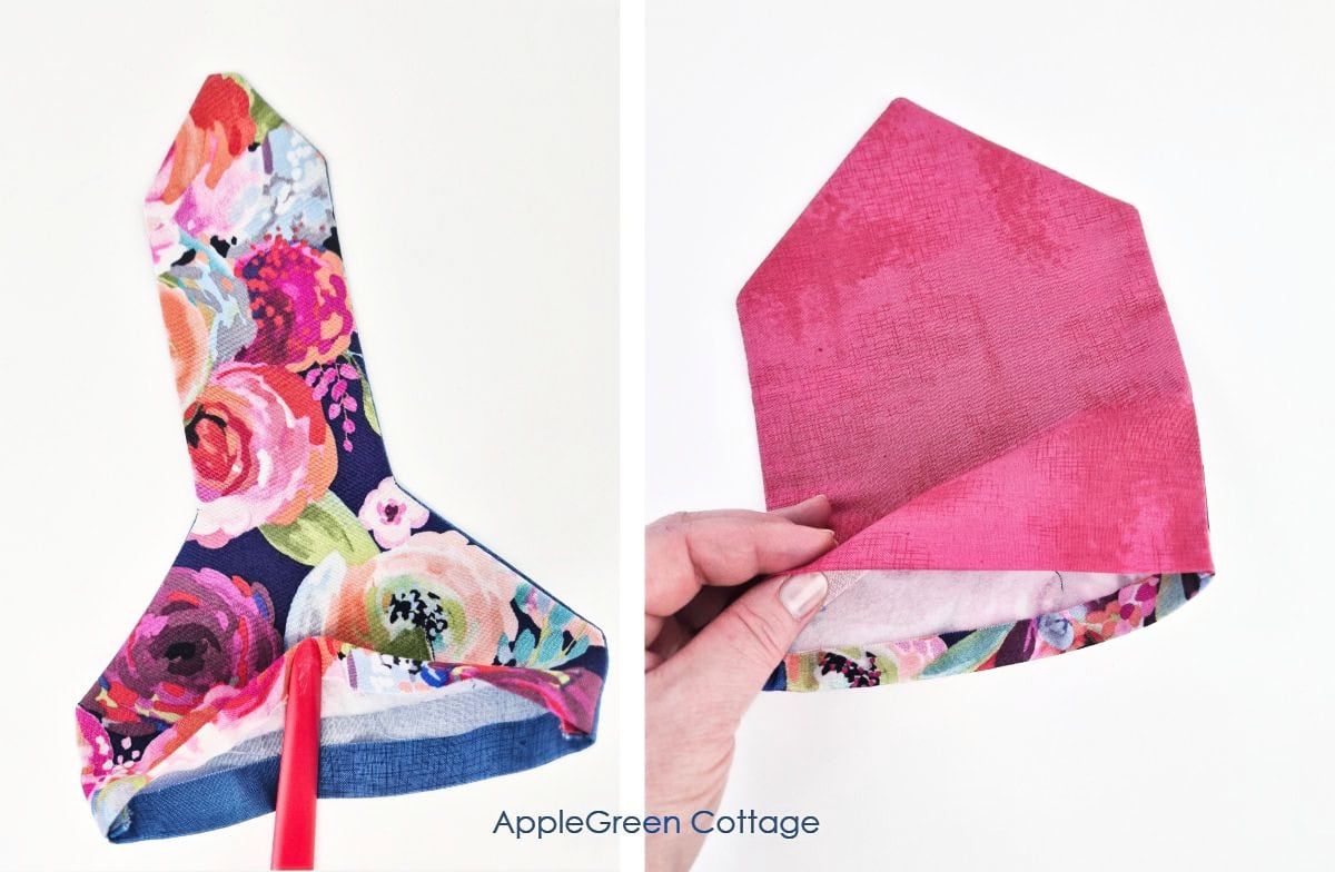 Turning sewn hanging towel topper right side out with a point turner tool.