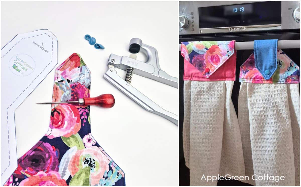 Kam snap tool and floral hanging towel topper beside finished hanging kitchen towels.