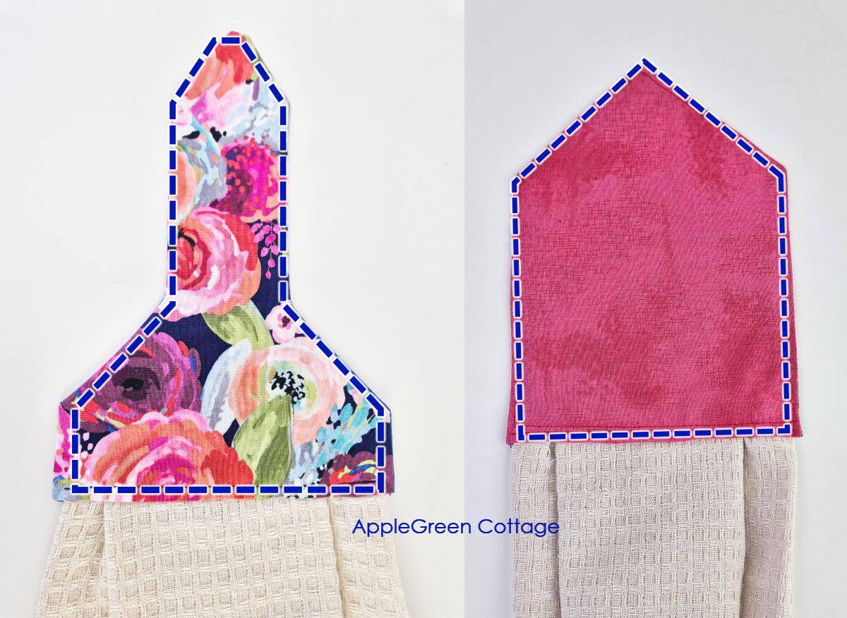 Topstitched hanging kitchen towel topper front and back with waffle towel attached.