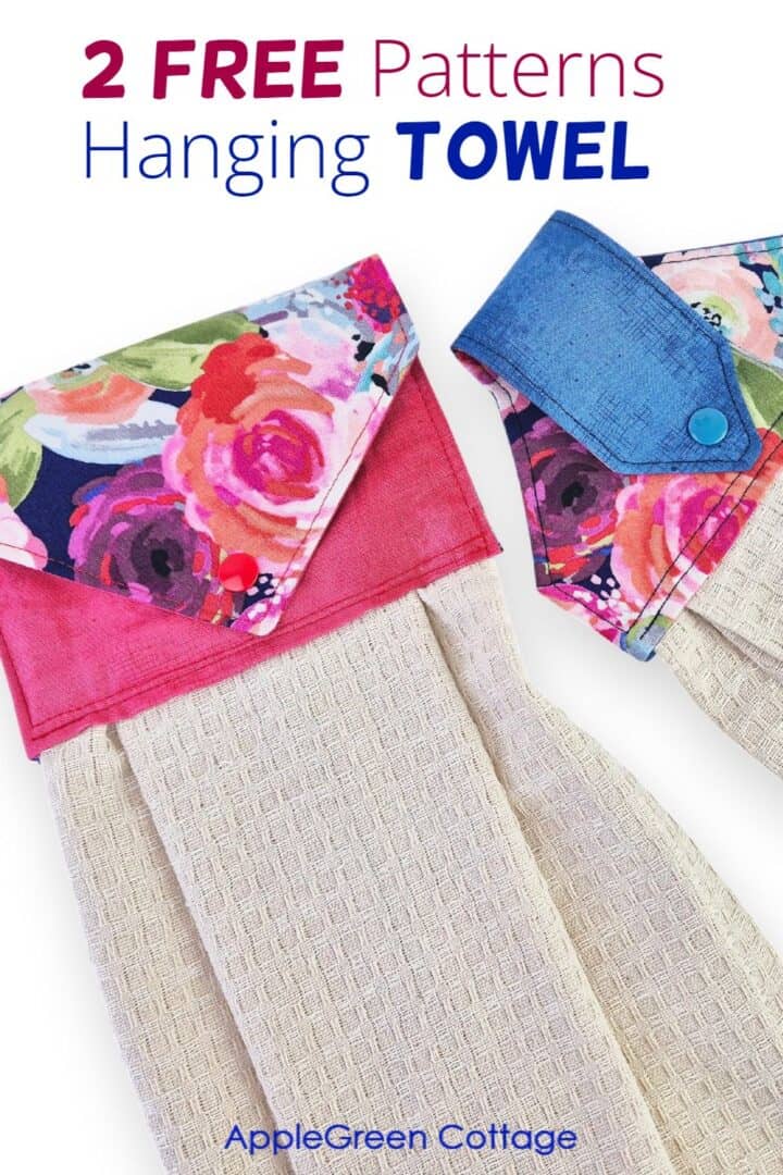Two handmade hanging kitchen towels with floral fabric toppers and snap tabs.