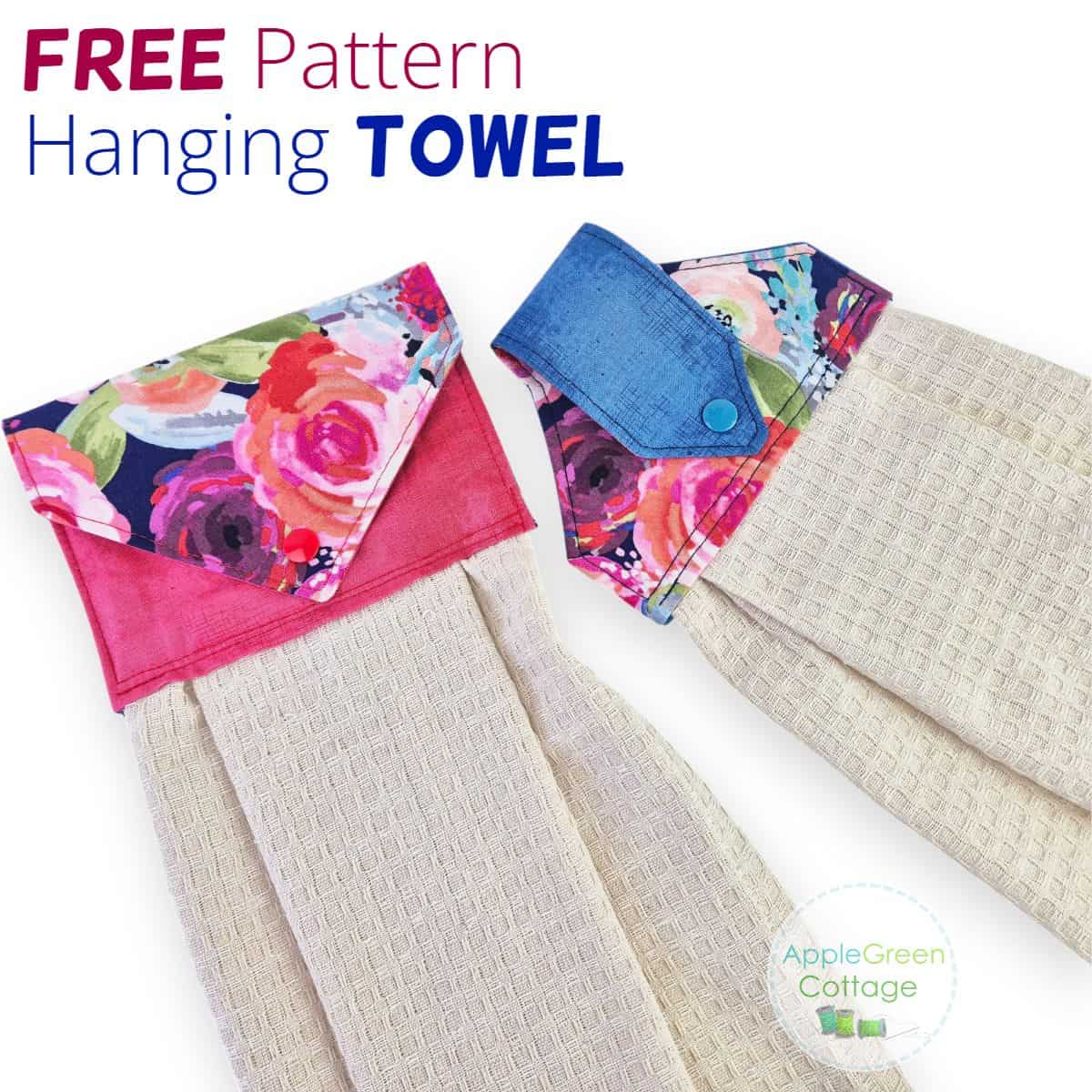 ree hanging towel sewing pattern title graphic with two finished snap tab kitchen towels.