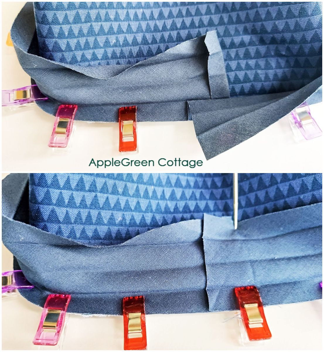 Joining bias tape ends on bag gusset with clips, showing overlap and fold for clean finish.