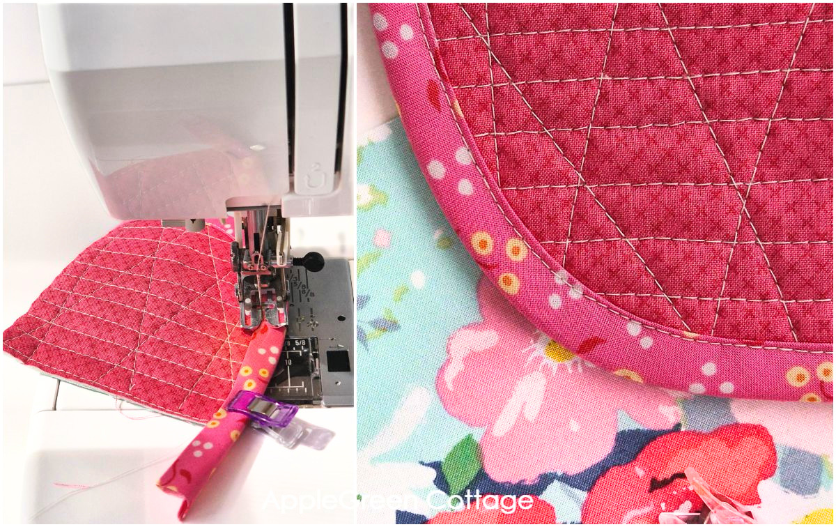 Topstitching bias tape on quilted edge using sewing machine.