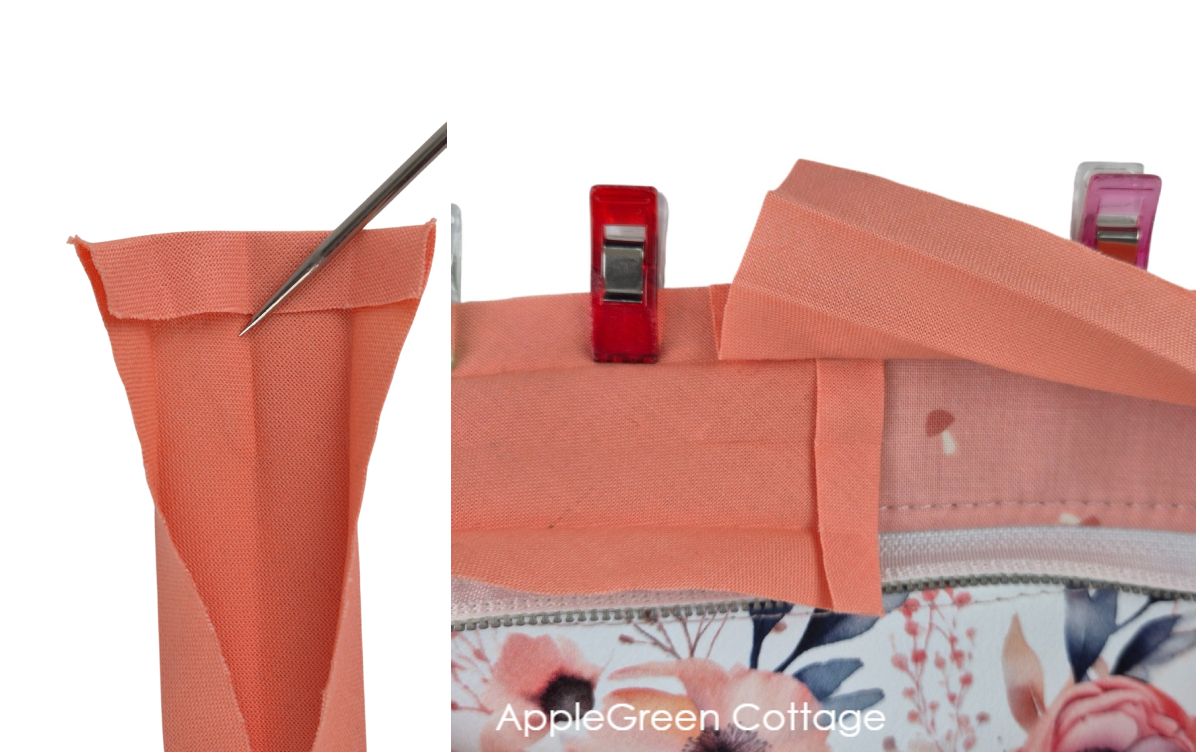 Folding and joining bias tape ends on bag edge for a clean, continuous binding finish.