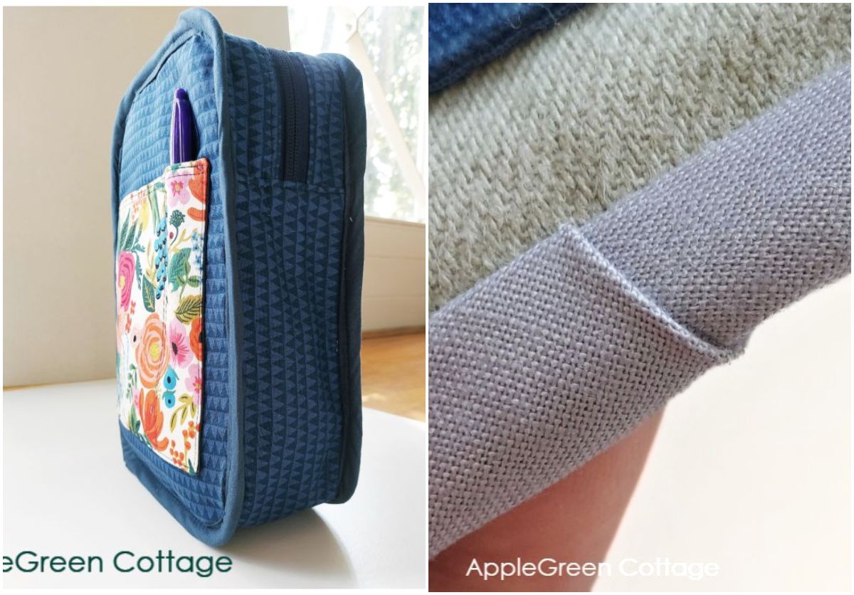 Boxy bag with bias bound seams and close-up of neatly joined bias tape edge.