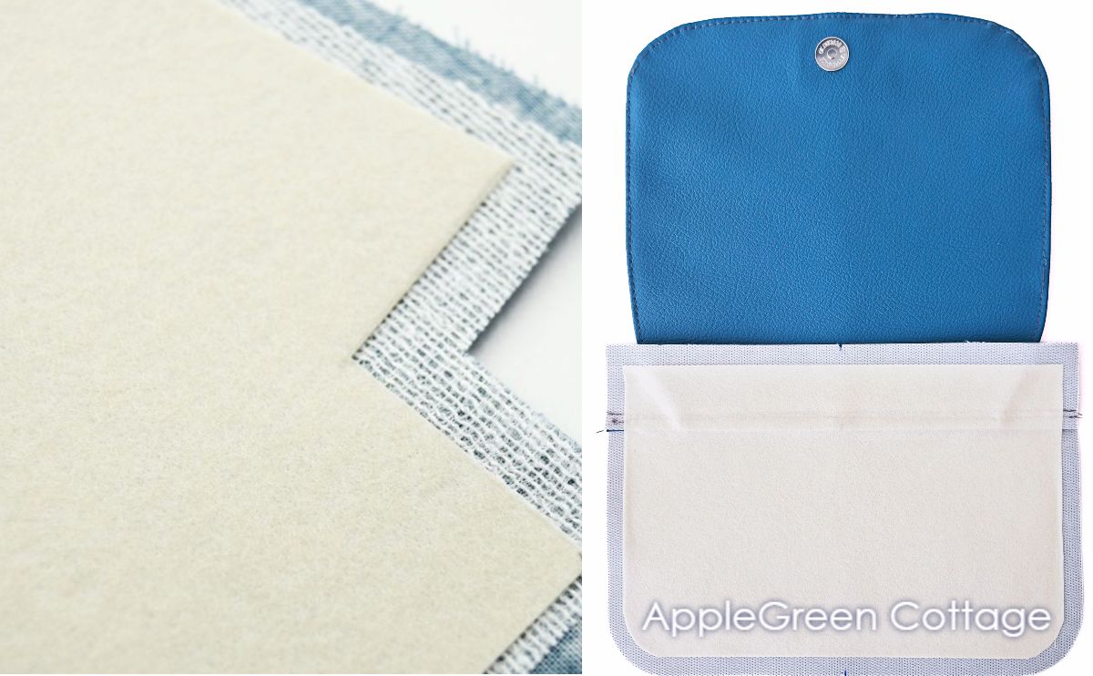 Decovil Light fused to bag panels and flap pieces for structured bagmaking projects.