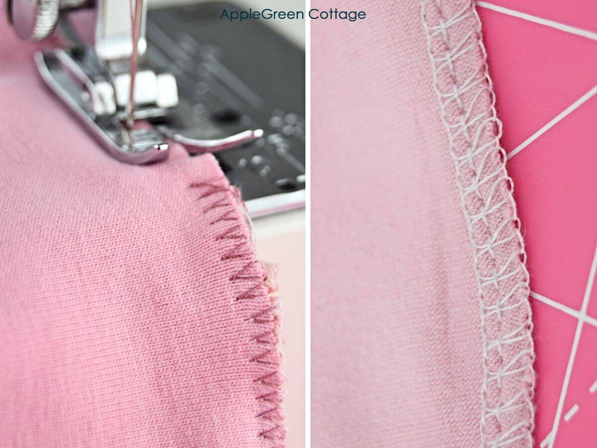 Two pieces of jersey shown being sewed: two ways to sew with jersey, a serger seam and a stretchy seam on a domestic sewing machine.
