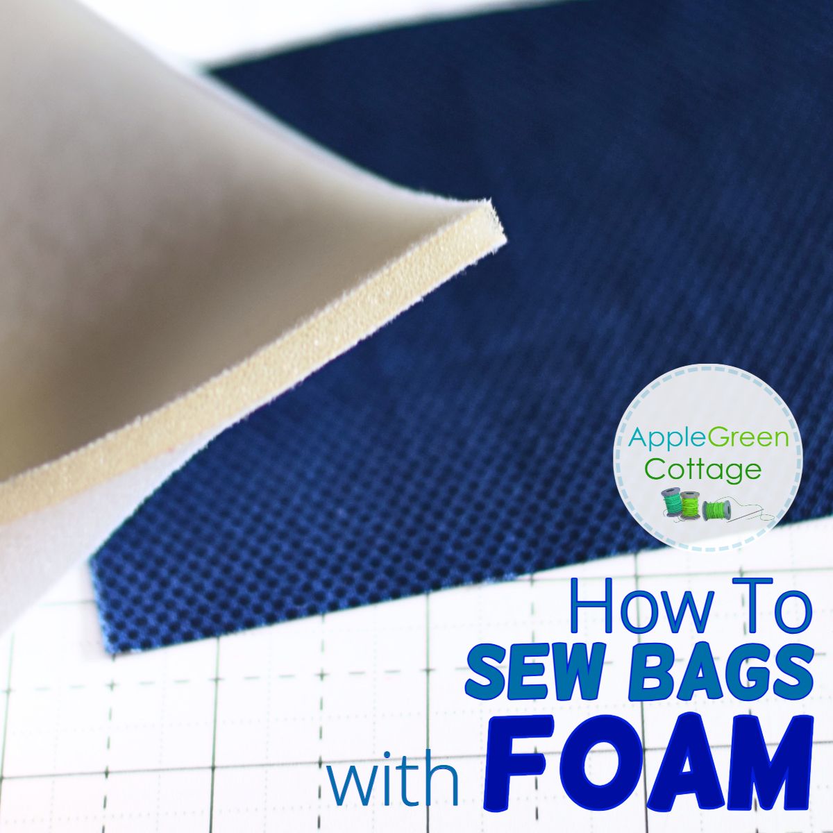 sew-in foam for bagmaking shown from a side and placed over a navy piece of fabric.