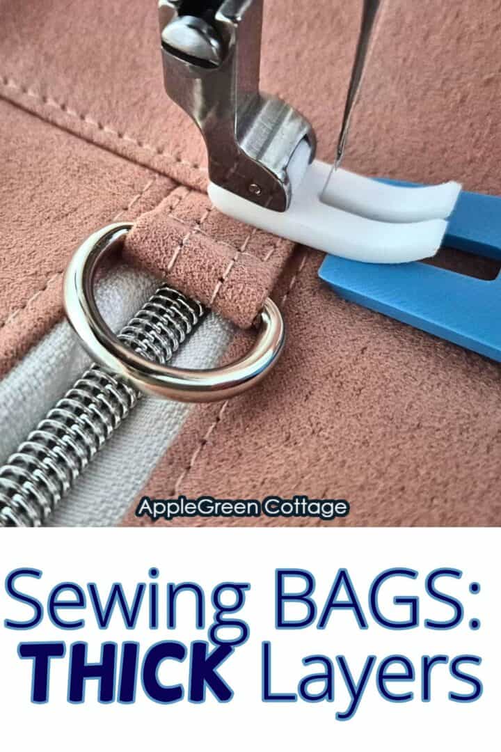 a teflon sewing foot on janome hd9 sewing over a gusset and a bag connector made of microsuede and close to a bagmaking zipper, using a tool,