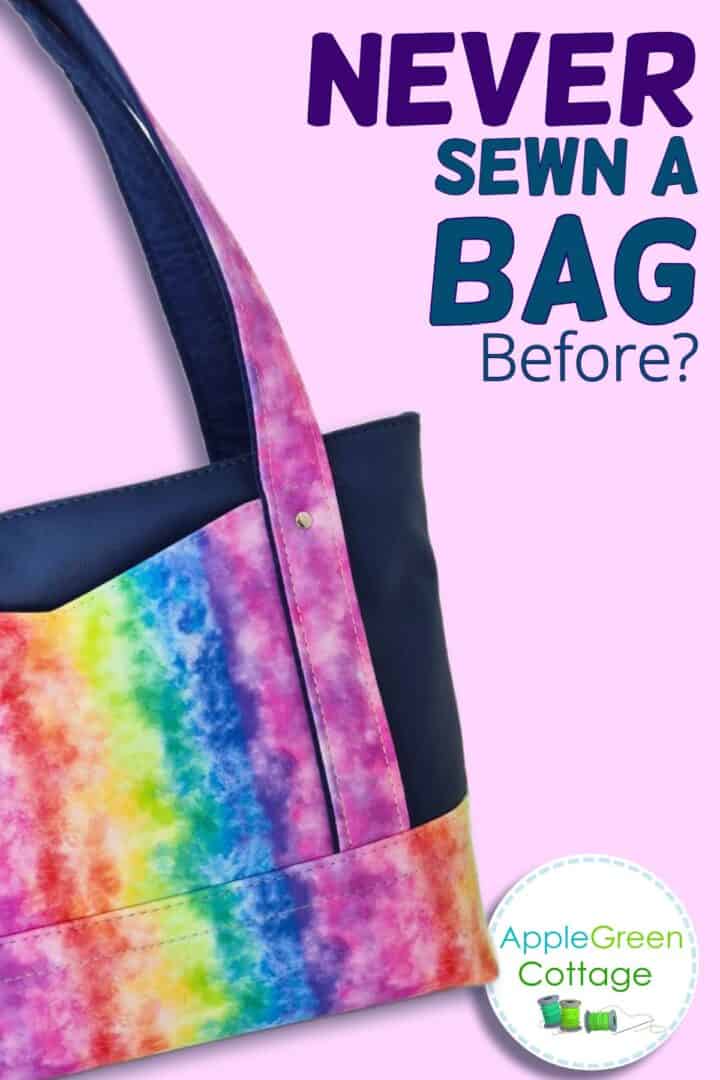Colorful handmade tote bag with text for first-time bag sewing beginners.