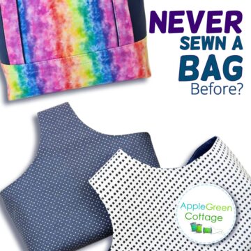 Colorful handmade tote bag with outer pocket, sewn with applegreencottage pattern and two fabric bags laid out.