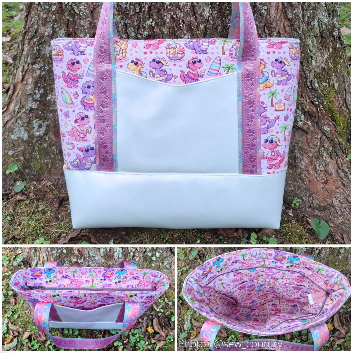 Light blue handmade tote with pink print accents and a front pocket, sewn with shimmery, structured vinyl.
