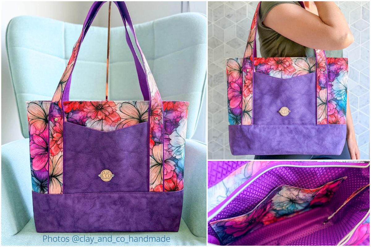 Purple AVELA tote with floral pocket and handles, shown with matching interior details.