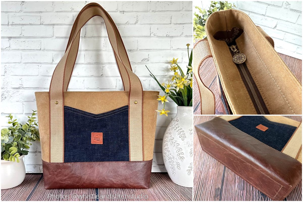 Structured tan, navy, and brown handmade tote with leather-look handles and roomy interior.